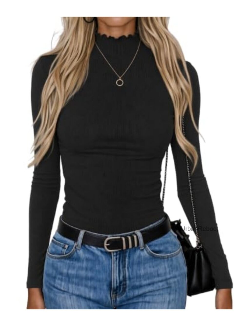 Women's Ribbed Mock Neck Long Sleeve Slim Fit Top Viscose Lettuce Trim
